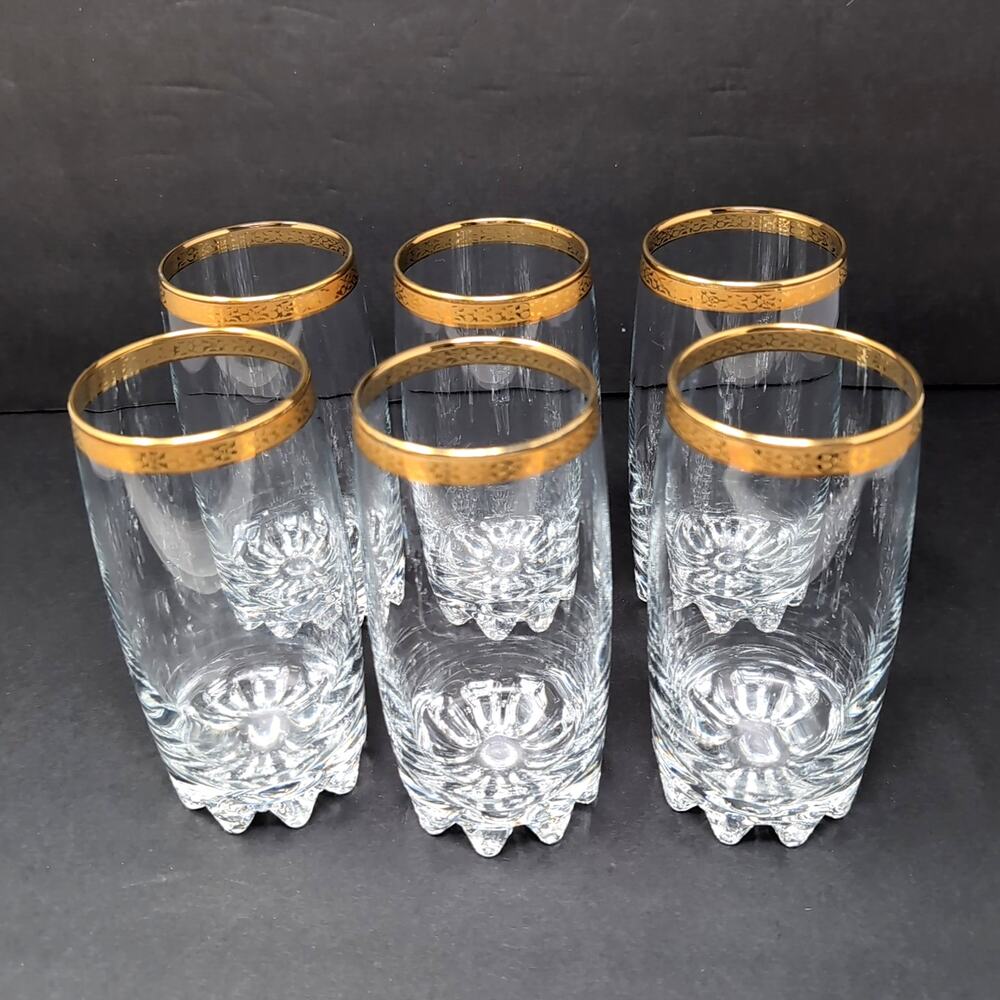 VTG Pasabahce Set of 6 Gold Rim Glasses Highball Gold Rim